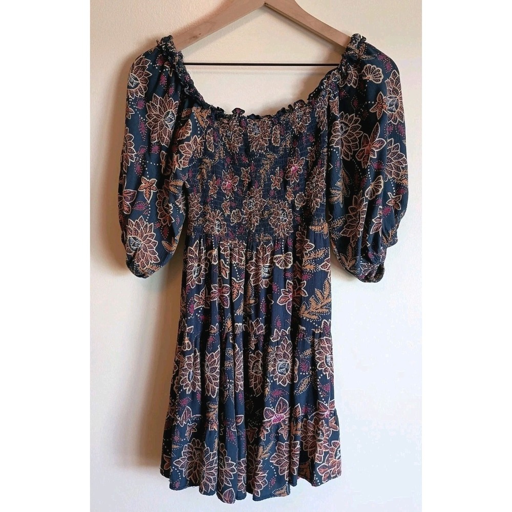 Angie Navy Boho Floral Smocked Mini Dress Puff Sleeve Cottagecore S